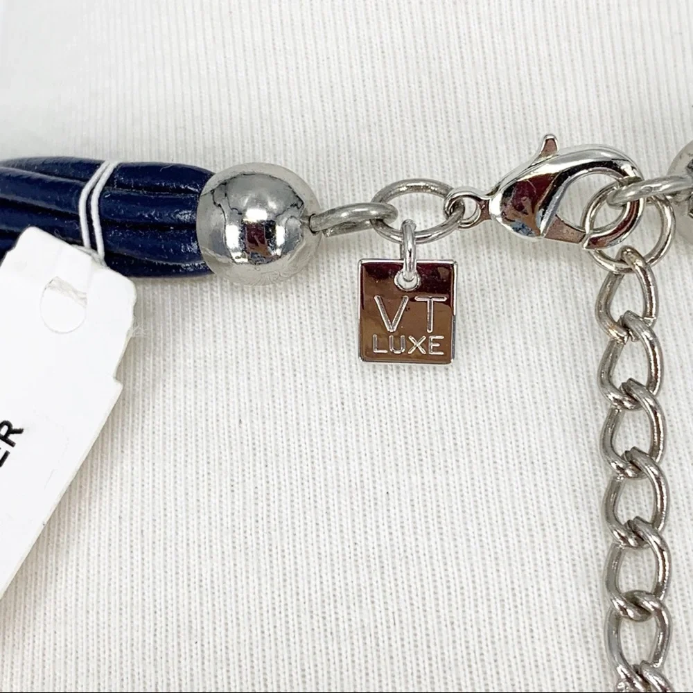 VT Luxe Blue Leather Silver Chain Multi Strand Necklace Teal‎ Crystal Statement